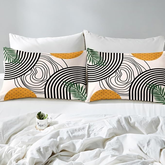 Erosebridal Modern Bed Set Abstract Art Duvet Cover, Orange Black White Aesthetic Bedding Set Full Retro Minimalism Comforter Cover, Mid Century Bed Cover Geometric Striped Decor (Zipper Closure)