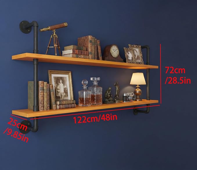 HDDFER Industrial Pipe Shelving Shelf Rustic Wood Wall Shelves Industrial Floating Shelves for Wall 48 Inch Farmhouse Bookshelf Pipe Shelves Living Room Kitchen