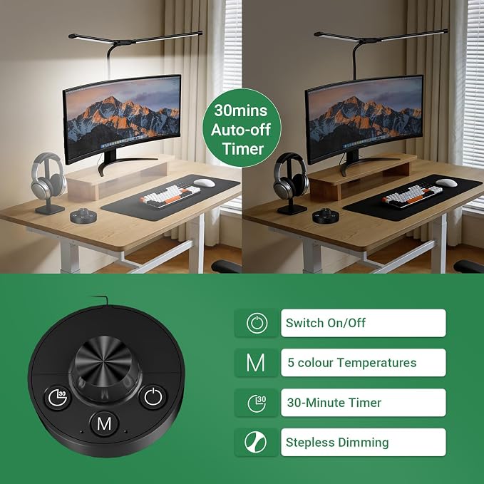 LED Desk Lamp with Clamp, 23.5-31.5 Inches, Black | 24W, 75 Lighting Modes, Flexible Neck Design, Telescopic Height, For Home Office Study Work Craft Paint