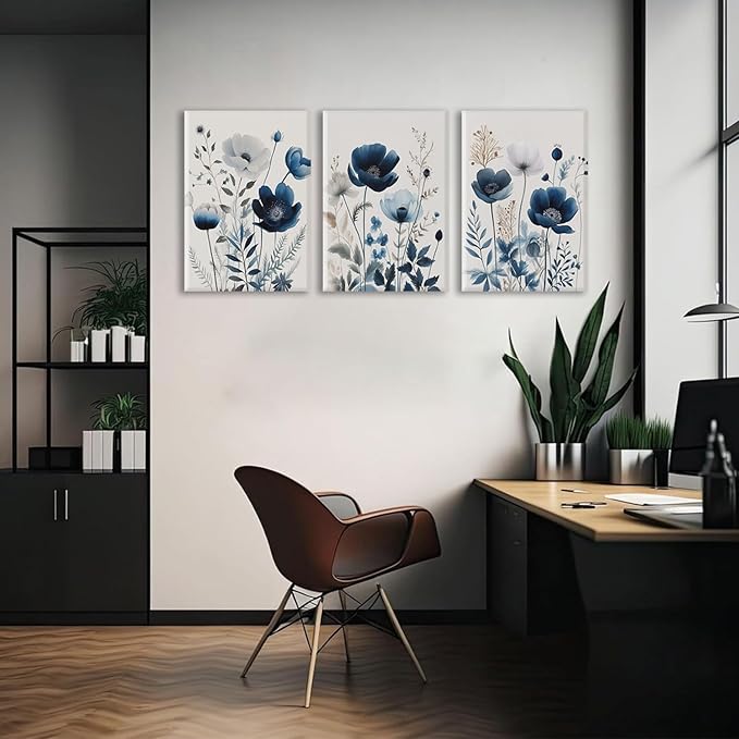 BingruiArt Navy Blue Canvas Wall Art Blue and Gray Boho Flower Wall Decor Floral Watercolor Art Prints Pictures Painting for Living Room Bedroom Bathroom 3Pcs 16x24in Framed