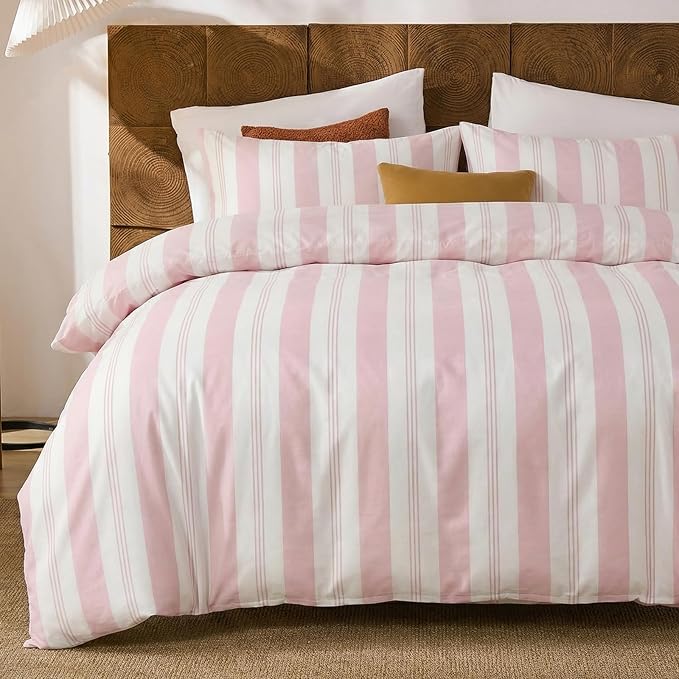 Merryword Pink Striped Duvet Cover Set King Size, 100% Cotton Bedding Set with Zipper Closure & 8 Corner Ties, Awning Stripe Bedding, Soft Breathable Comforter Cover for All Seasons