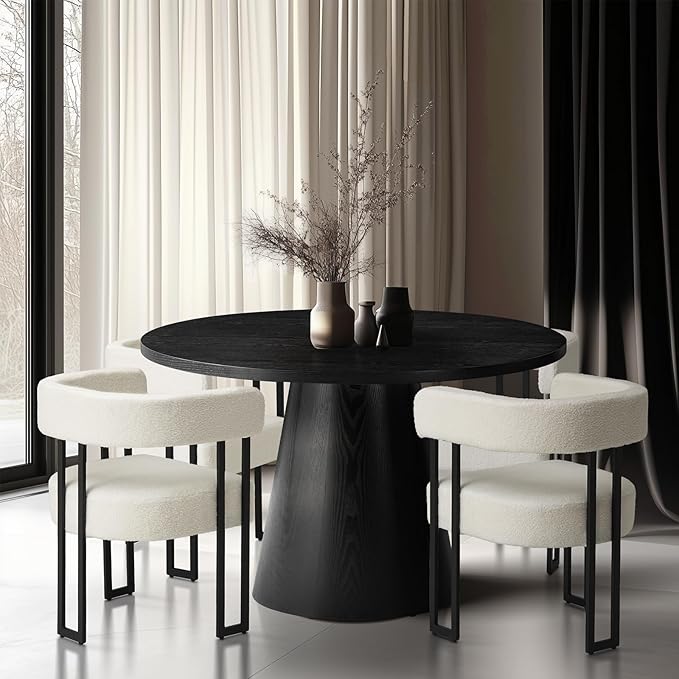 47" Round Pedestal Dining Table, Black Solid Wood Kitchen Table for 4, Rustic Farmhouse Round Table for Dining Room, Breakfast Nook