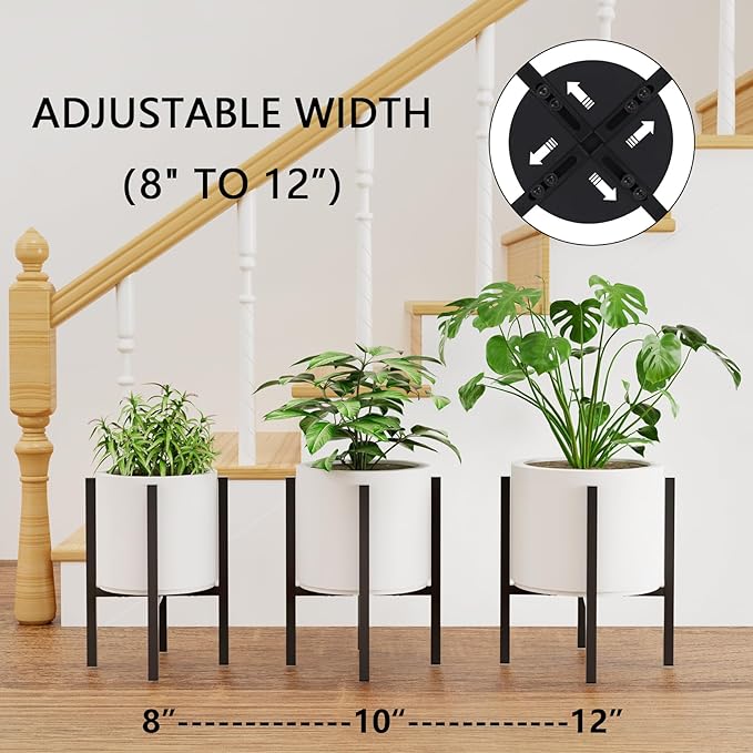 Linpla 2-Pack Adjustable Metal Plant Stand Indoor Outdoor - Fits 8 to 12 Inches Pots - Mid Century Modern Planter Stand Black Flower Pot Holder Home Decor for Gardening Gifts