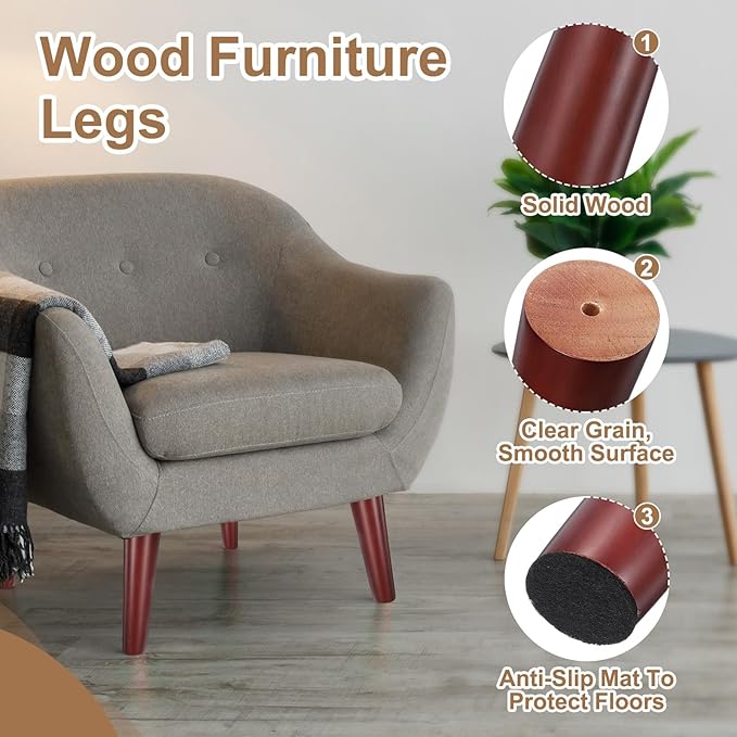 PATIKIL Wood Furniture Legs, 4Pcs 7" Tapered Replacement Sofa Leg for Chair Couch Bed Coffee Table Dresser, Red Walnut