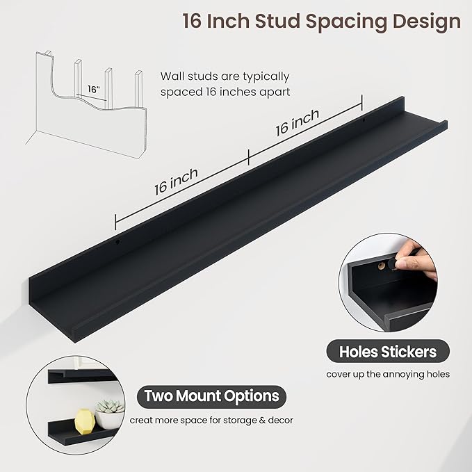 Axeman 48 Inch Floating Shelves | Black Picture Ledge Shelf Set of 3 | Rustic Wood Wall Shelves with Lip | 48" Black Picture Shelf for Wall with Ledge | Photo Shelves