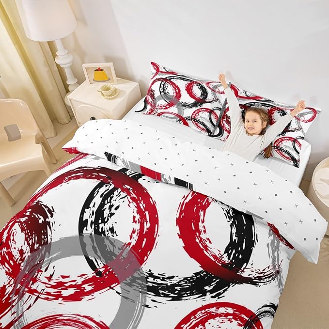 Geometric Circle Duvet Cover Set King Size,Graffiti Retro Striped Swirls Bedding Set,Boys Girls Room Decor,Abstract Aesthetic Stripes Comforter Cover,Red White Quilt Cover,2 Pillowcases(No Filler)