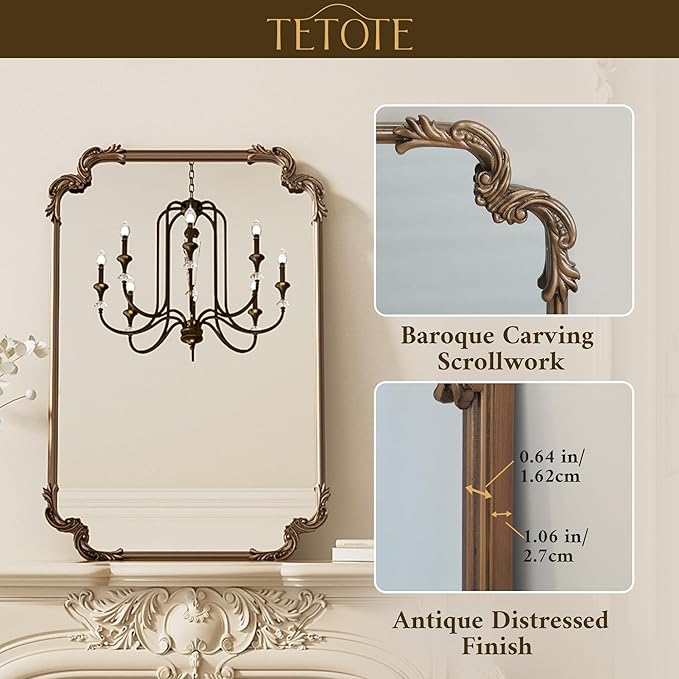 TETOTE Vintage Baroque Gold Rectangle Mirror for Wall 22 x 30 Antique Brass Scroll Rounded Corner Frame French Mantle Mirror for Fireplace Bathroom Living Room Bedroom Decor, Horizontal/Vertical