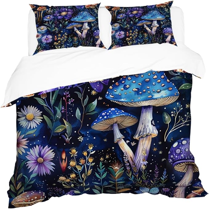 Whimsical Mushroom Duvet Covers Twin Size Dark Botanical Florals Comforter Covers Farmhouse Boho Galaxy Moon Wildflower Botanical Plant Aesthetic Blue Mushroom Comforter Quilt Cover 68"x88"