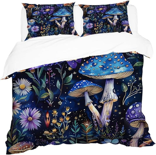 Whimsical Mushroom Duvet Covers King Size Dark Botanical Florals Bedding Set Farmhouse Boho Galaxy Moon Wildflower Botanical Plant Aesthetic Purple Mushroom Comforter Quilt Cover 104"x88"