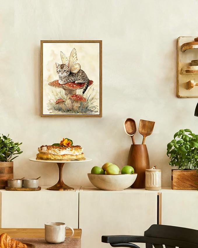 InSimSea Vintage Framed Wall Art Fairy Cat Canvas Prints, Nature Home Decor, Fantasy Themed Decor Painting Picture, Living Room,Bedroom Wall Decor Gifts for Friends or Family - 10L x 8W