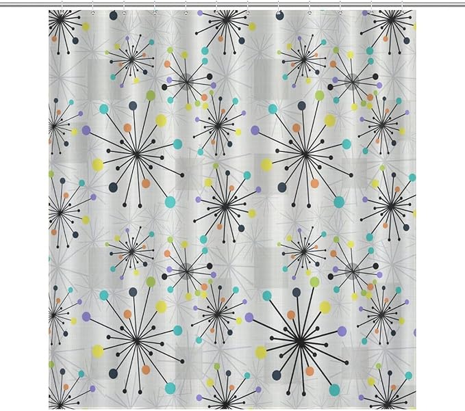 Mid Century Modern Shower Curtain,Retro Abstract Atomic Starburst Geometric Diamond Pattern Shower Curtains Set for Bathroom Fabric Decorative Bath Curtain Washable Curtain Hooks, 72x72”