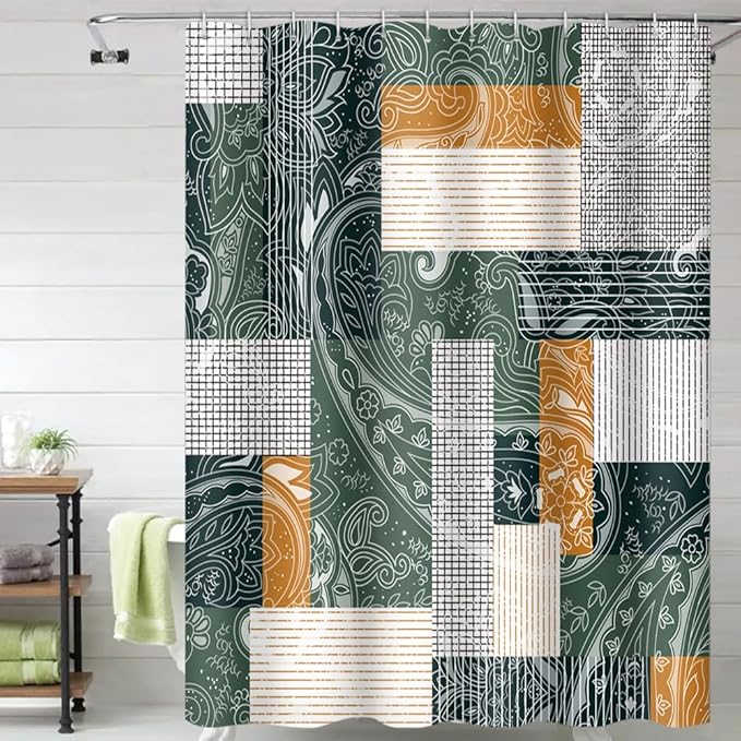 Abstract Boho Shower Curtain Bohemian Paisley Print Modern Geometric Plaid Pattern Shower Curtains for Bathroom Waterproof Fabric Decor Set with Hooks, 72W x 72H Inch