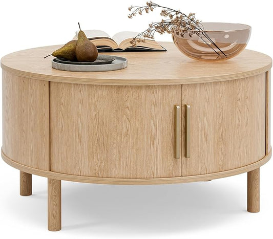 Coffee Table for Living Room, Modern Round Coffee Table with Cabinets & Sliding Doors, Home Small Space, 29.9" Fluted Center Table, Natual