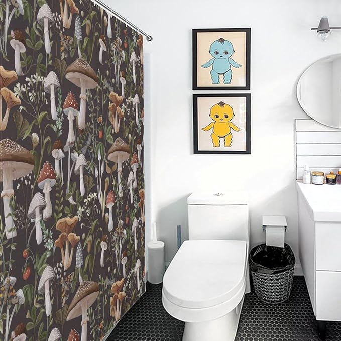 Mushroom Shower Curtain, RFarmhouse Country Wild Floral Botanical Mushroom Cottagecore Nature Plants Leaves Herbs Black Waterproof Fabric Bathroom Shower Curtain Set with Hooks, 72"x72" Inch
