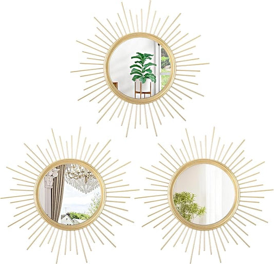 3 Pack Metal Mirrors for Wall Gold Sunburst Wall Mirrors Home Décor Art Decorative Modern Bohemian Hanging Wall Art for Living Room Bedroom Bathroom Entryway Small 12''