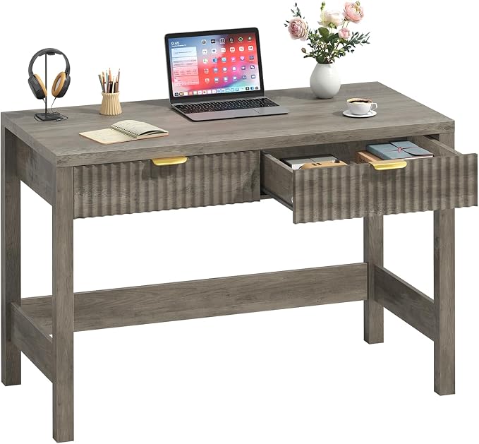 YOMILUVE Fluted Computer Desk with 2 Drawers, 39 Inch Small Computer Desk with Storage, Compact Writing Study Desk for Small Spaces, Gray