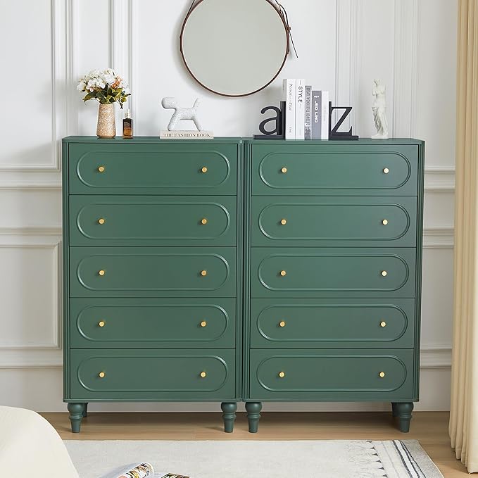 ORRD 5 Drawer Fluted Dresser for Bedroom Set of 2, Mid Century Modern Chest of Drawers, Wood Storage Large Dresser Organizer for Bedroom Living Room Hallway Closet, Green