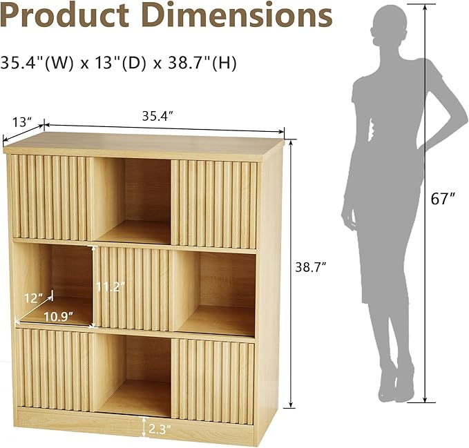 Einhomn Cube Storage Organizer with Sliding Doors, Wooden Bookshelf Storage Cabinet, 9 Cube Bookcase Organizer for Living Room Bedroom Office, Natural