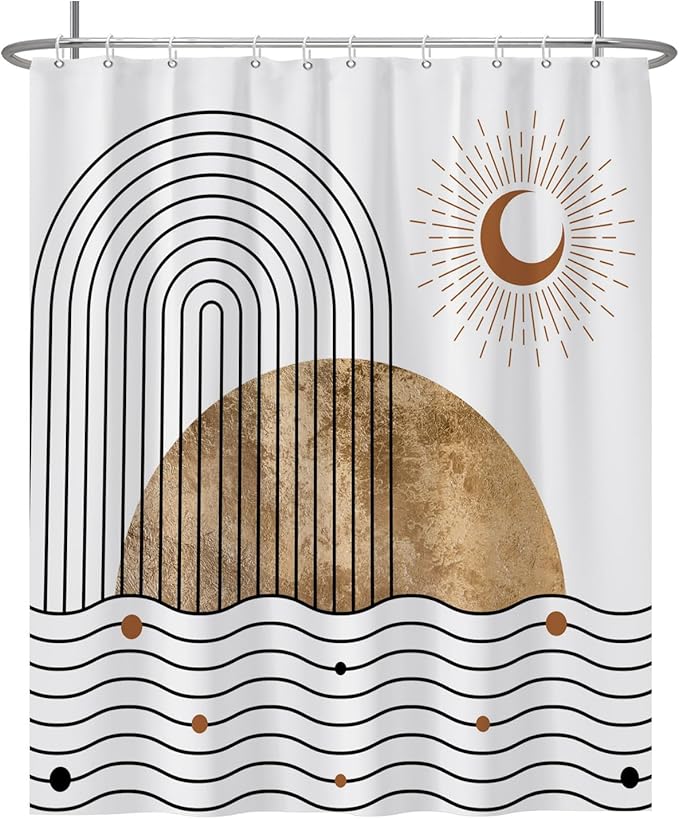 Baocicoo Boho Mid Century Shower Curtain Abstract Wave Shine Crescent Abstract Sun and Moon Shower Curtain for Bathroom Cubicle Durable Fabric Waterproof Curtain for Bathroom with Hooks 60x72 Inches