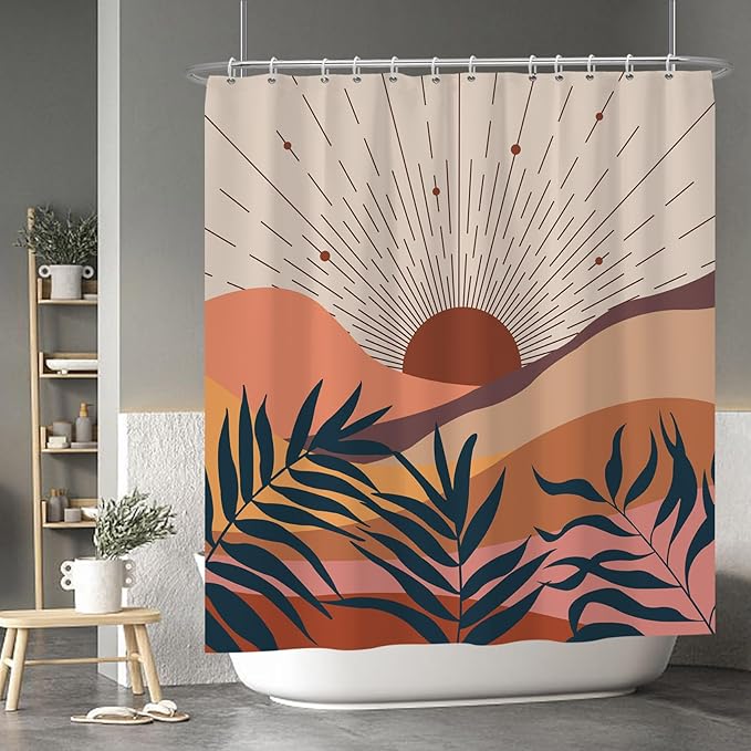 Baocicoo Boho Abstract Sun Shower Curtain Mid Century Sunrise Mountain Shower Curtain for Bathroom Minimalist Aesthetic Bathroom Decorations Waterproof Curtain for Bath with Hooks 72x78Inches