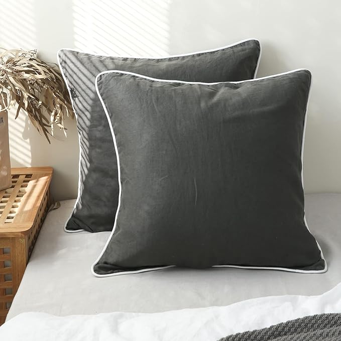 Simple&Opulence 100% Linen Euro Sham Covers with Piping Trim, 26"x26" Pillow Cover Set of 2, Breathable Pillow Shams for Bed Couch Decorative Cushions, Dark Grey