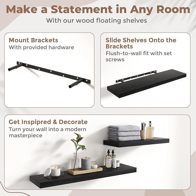 Floating Shelves for Wall with Invisible Brackets, Wall Mounted Engineered Wood Shelves with Wood Grain for Living Room, Bedroom, Bathroom, Kitchen Decor and Storage, Oak, 12"L Set of 3, Black