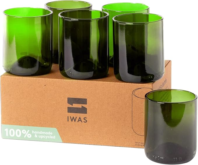 IWAS Upcycled Green Drinking Glasses | 250 ML | 8.45 OZ | Set of 6 | Sustainable Water Glass | Environmentally Friendly Dark Green Glassware