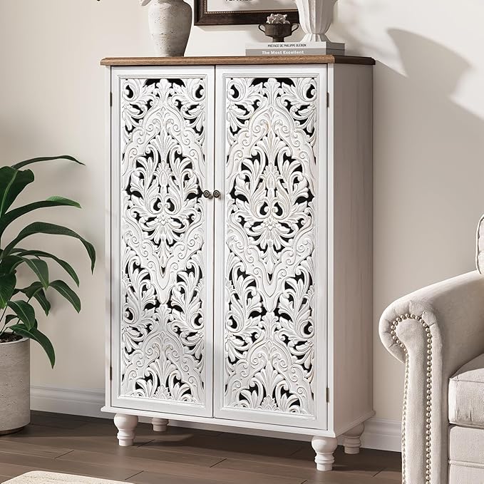 47" Tall Accent Cabinet with Carved Doors, Distressed White Wood Storage Cabinet with 3-Tier Shelves, Boho Farmhouse Sideboard Buffet for Small Spaces, Entryway & Living Room