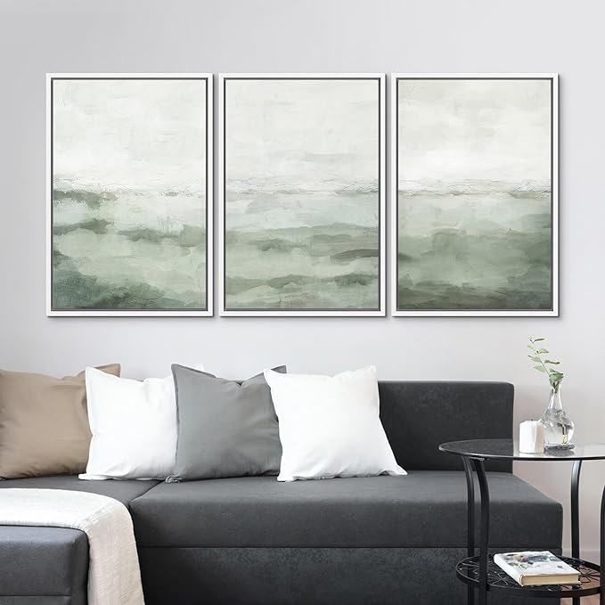 MUDECOR Framed Canvas Print Wall Art Sage Green Abstract Prints Minimalist Modern Wall Art Decor for Bedroom - 16"x24"x3 White