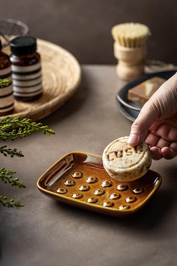 Soap Dish for Shower, Ceramic Soap Dish for Bar Soap Sponge, Soap Holder Saver Tray for Bath Kitchen Sink Bathtub, Farmhouse Decor, Raised Pattern - Keep Soap Dry, Dark Brown