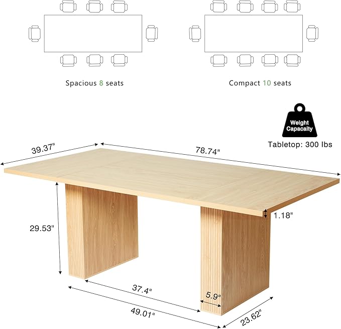 78 Inch Dining Table for 6 8 10, Modern Farmhouse Rectangular Kitchen Table, Long Dining Room Tables with Wood Strip Base for Kitchen Living Room (Natural)