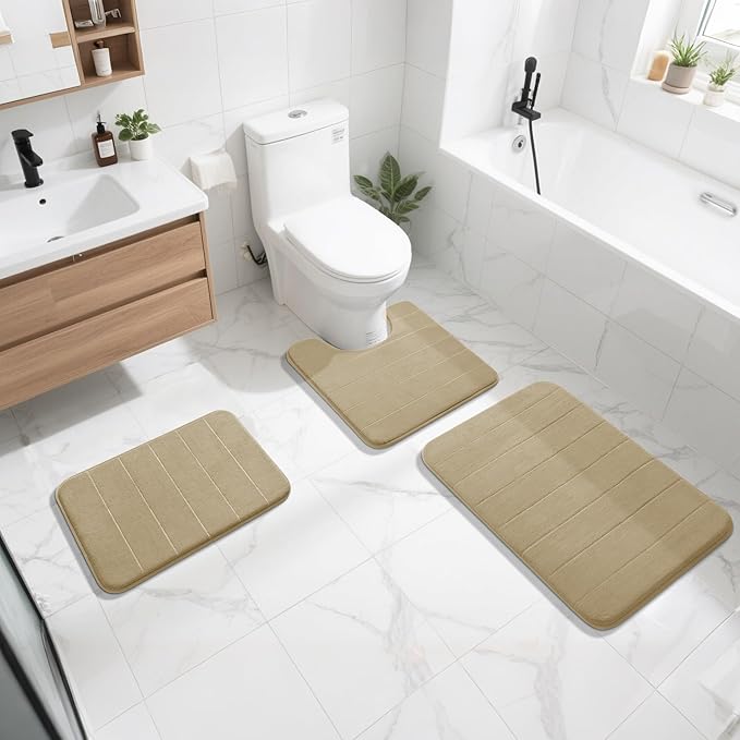 Yimobra Memory Foam Bath Mat, Super Soft Absorbent Bathroom Rug Non Slip 31.5x20 Inch, Quick Dry, Machine Washable Floor Carpet for Tub Shower, Home Decor Accessories, Pale Khaki
