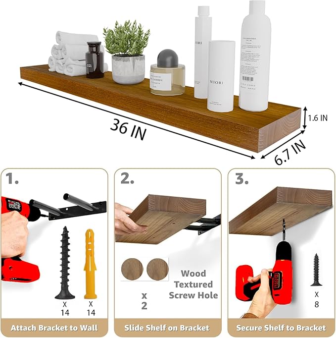 IAE Walnut Floating Wall Shelves 36 inch, Bathroom Shelf Wall Mounted,Invisible Shelving Floating Kitchen Shelf,Wooden Wall Shelves with Brackets for Living Room Wall Mounted,Easy Install,Set of 2