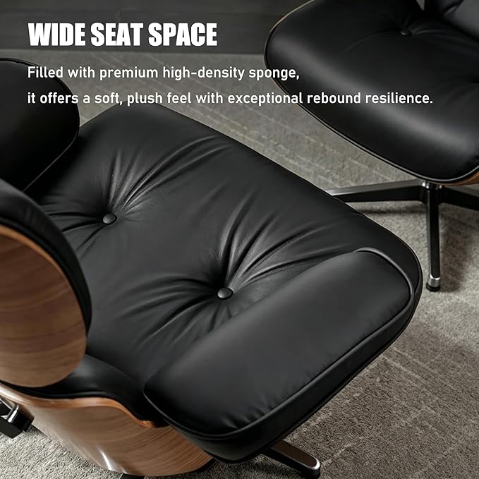 Mid Century Chaise Lounge Chair with Ottoman, Modern Retro Classic Design, PU Leather & Walnut Wood, Heavy Duty Metal Support, Comfortable for Living Room Bedroom Office（Black-Premium）