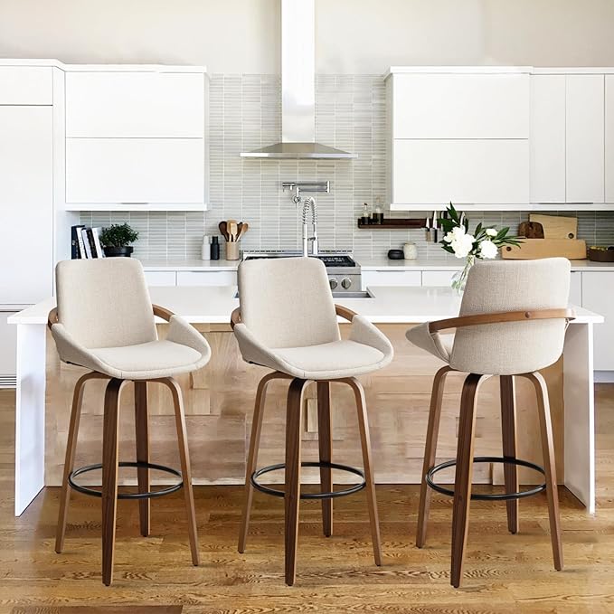 LUNLING 25.6" Counter Height Barstools Set of 3 Mid Century Modern Retro Bar Chairs Charcoal Beige Linen Look Fabric Upholstered and Walnut Wood Frame for Home Bar Furniture,Beige,3PCS