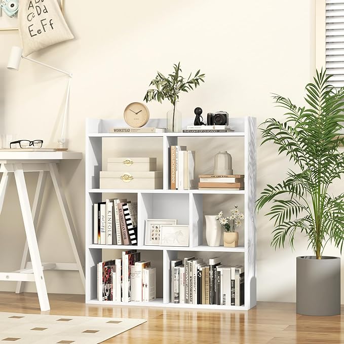 Giantex 7 Cube Bookshelf, Free-Standing Wooden Bookcase, 4 Tier Home Display Shelf, Horizontal Storage Unit w/Anti-Toppling Devices, Open-Back Display Rack for Study, Office, Living Room, White