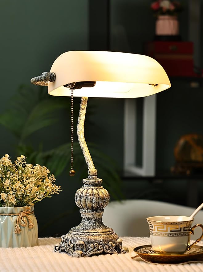 Retro White Matted Glass Bankers Desk Lamp for Home Office,Library with Pull Chain Switch Plug in Fixture, LED Bulb Included