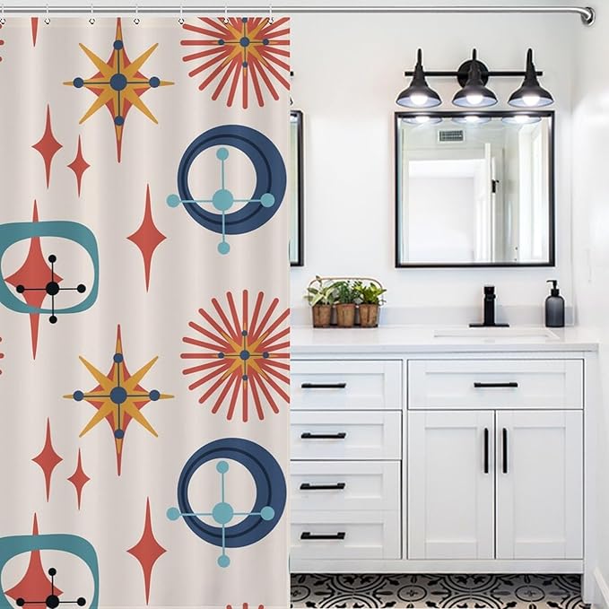 Retro 50s Shower Curtain Mid Century Modern Geometric Stars Colors Pattern Duty Fabric Shower Curtains Set Bathroom Polyester Waterproof with 12 Hooks,72x72Inch（183x183cm）