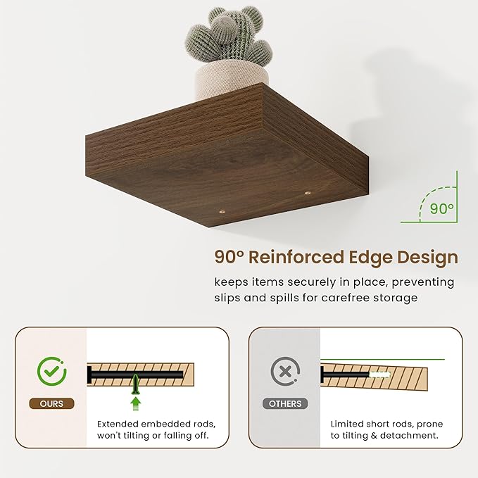 Marsmiles Square Floating Shelves for Wall, 8" W x 8" D x 1.25" H, 3 Pack Small Wall Mounted Engineered Wood Shelves with Invisible Brackets for Living Room, Bedroom, Bathroom, Kitchen Decor, Walnut