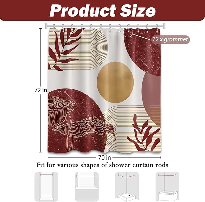 Red and Gold Shower Curtain Burgundy Dark Red and White Shower Curtains for Bathroom Decor Abstract MCM Bath Curtain Set, Waterproof Fabric with Hooks 70 x 72 Inch