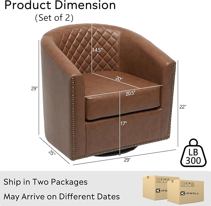KINWELL 29" Wide Tufted Faux Leather Accent Chairs Set of 2, Small Swivel Barrel Chairs, Modern Round PU Leather Upholstered Armchairs with Nailhead Trim for Living Room Apartment, Brown