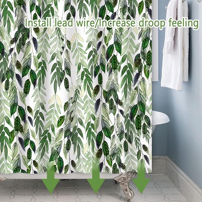 Tropical Leaves Shower Curtain Lush Green Plant Leaf Botanical Pattern Shower Curtain Set with 12 Hooks 72 x 84 inch Waterproof Fabric Polyester Nature Bathroom Decorative