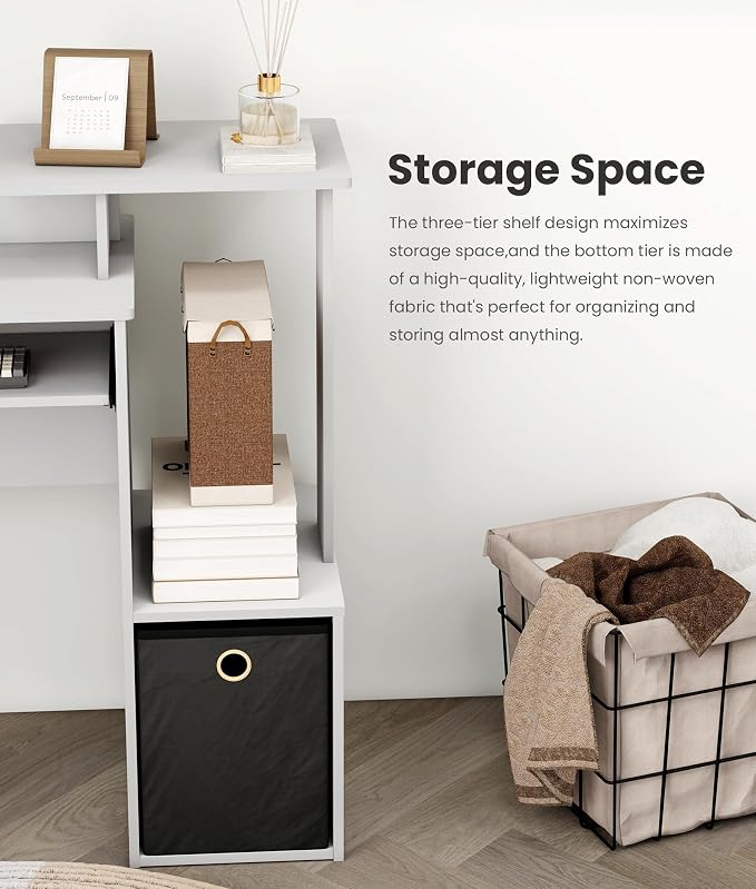 White Computer Desk with Drawers, Small Writing Desk with Storage Shelves for Home Office Bedroom Study Living Room