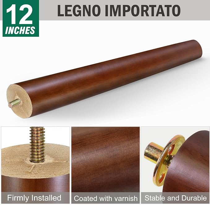 FoDau770 Brown Rubber Wood Furniture Legs 12 Inches, Slant Tapered Wood Feet Mid Century Sofa Legs Set of 4, 5/16" UNC Furniture Feet Replacement Parts for Cabinet Couch Dresser Chair Ottoman Table