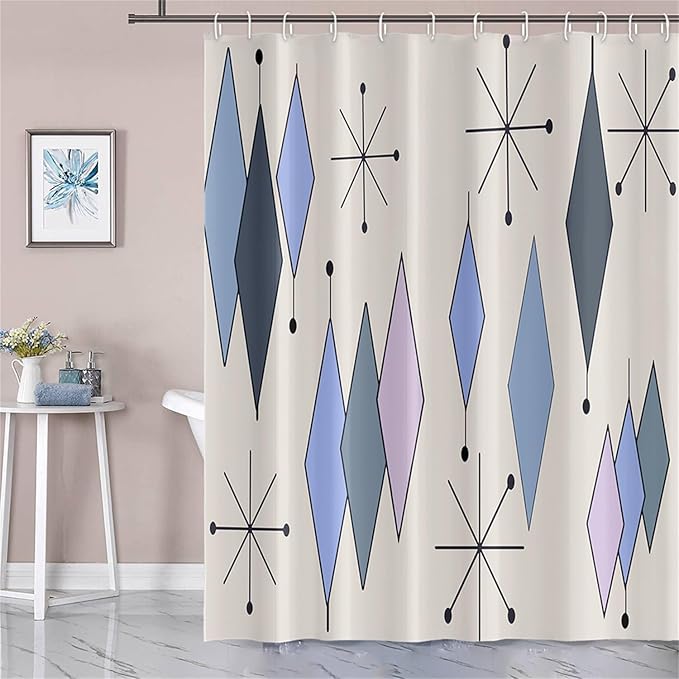 Mid Century Turquoise Shower Curtain Abstract Grey Blue Diamond Geometric Atomic Starburst Pattern Beige Backdrop for 1950s Retro Bathroom Decor Shower Curtain Set with 12 Hooks, 65x72 Inches