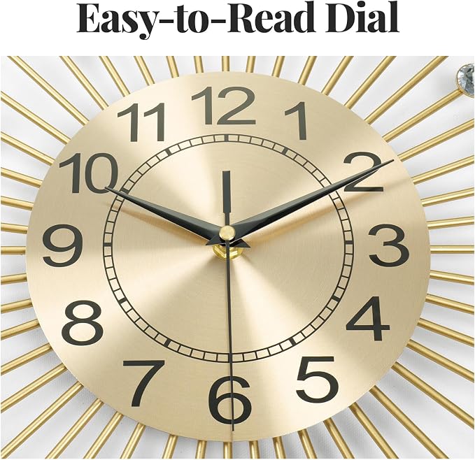 Cuspin 24 Inch Gold Wall Clock, Decorative Crystal Sunburst Mid Century Modern Clocks for Living Room Decor, Luxury Battery Operated Metal Clock Silent Non Ticking for Home Ddecor