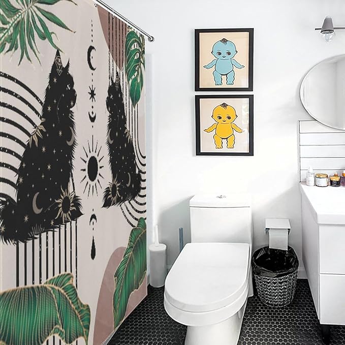 Boho Mid Century Cat Shower Curtain Retro Moon Star Leaves Black Cat Geometric 70s Vintage Waterproof Shower Curtains for Bathroom Decor 12 Pack Hooks 72x72in (183x183cm)