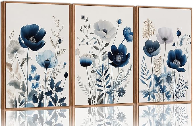 BingruiArt Navy Blue Wall Art Canvas Abstract Floral Painting Blue and Gray Posters Watercolor Flower Decor Wildflower Pictures Botanical Prints for Living Room Bedroom Bathroom 3 Pcs 16"x24" Natural Framed