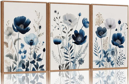 BingruiArt Navy Blue Wall Art Canvas Abstract Floral Painting Blue and Gray Posters Watercolor Flower Decor Wildflower Pictures Botanical Prints for Living Room Bedroom Bathroom 3 Pcs 16"x24" Natural Framed