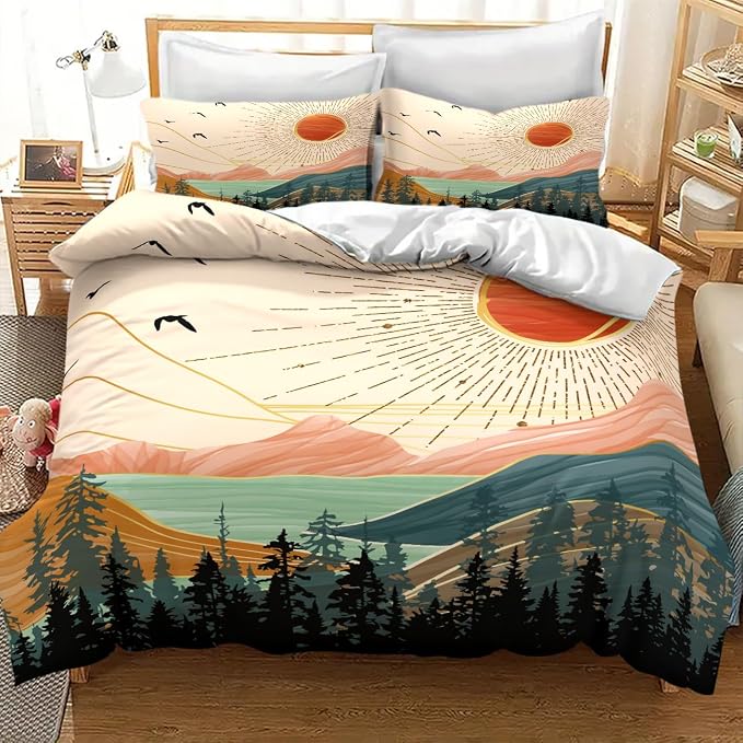 Boho Sun Bedding Set,Modern Minimalist Abstract Mountain Nature Leaves Sunrise Comforter Set with Pillowcase for Bedroom Bed Decor,King 102"x90"
